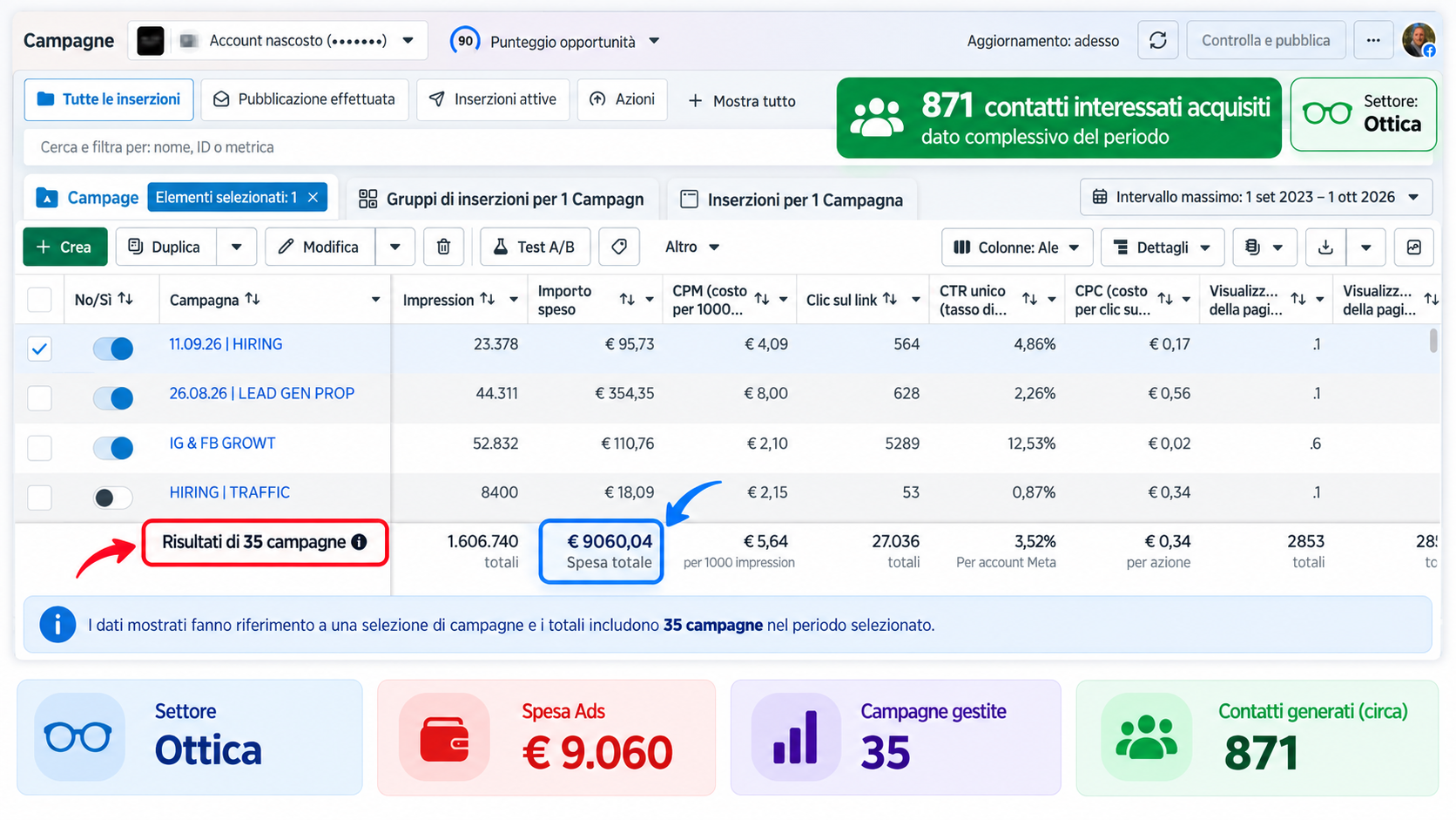 Screenshot originale delle campagne — Ottica